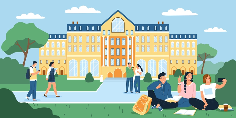 Student campus flat composition with university building on background vector illustration