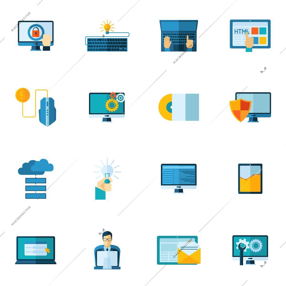 Program development webpage code optimization flat icons set isolated vector illustration