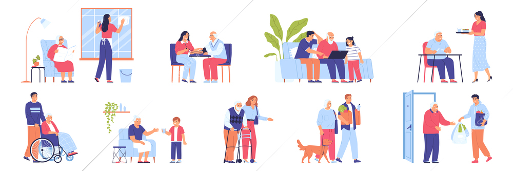 Elderly people help flat icons set with volunteers helping seniors isolated vector illustration