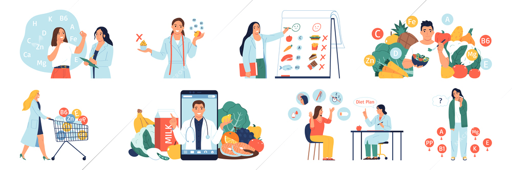 Nutritionist flat icons set with products enriched with vitamins and minerals isolated vector illustration