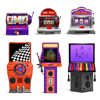 Realistic collection of retro drum game machines and modern digital gambling machines with computer technologies isolated vector illustration isolated vector illustration