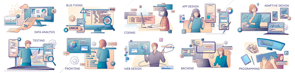 Software development backend data analysis app design frontend testing flat set with programmers during their work isolated vector illustration