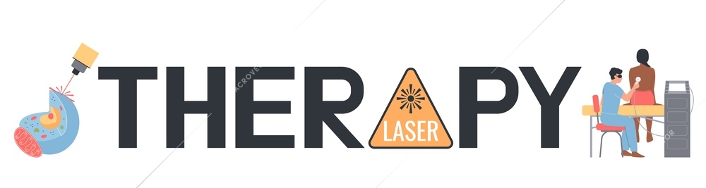 Laser therapy composition of flat text and laser radiation caution sign and people on blank background vector illustration