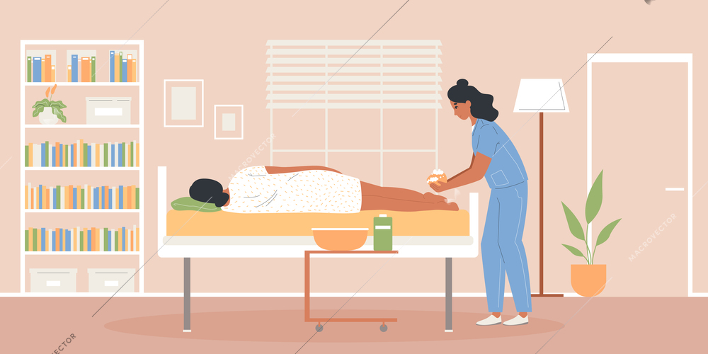 Bedridden care flat composition with domestic interior scenery and character of physician washing bed bound patient vector illustration