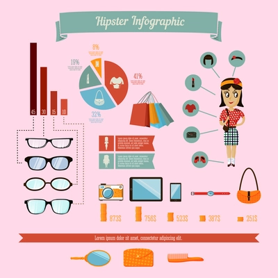 Hipster infographics elements set with geek girl charts and graphs vector illustration