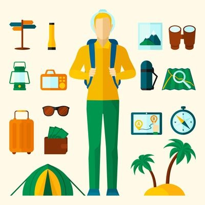 Tourist icons flat set with tent sunglasses compass palm isolated vector illustration