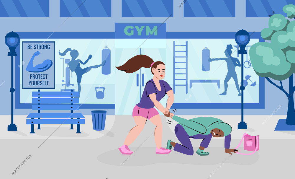 Self defence flat composition with outdoor scenery gym entrance and girl twisting arms of street robber vector illustration