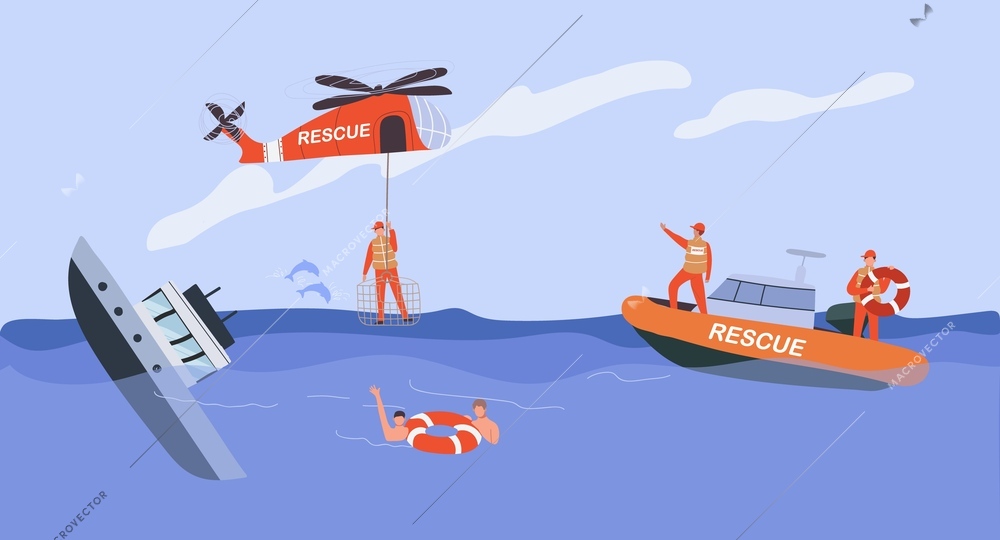 Rescuer and disaster background with water rescue symbols flat vector illustration