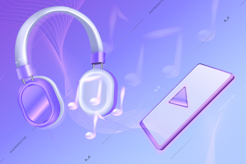 Headphones violet background with play button on smartphone screen and musical notation signs realistic vector illustration