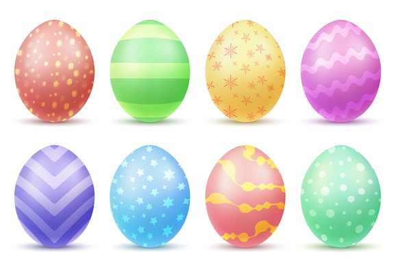 Multicolored easter eggs painted in different colors and patterns realistic set isolated vector illustration
