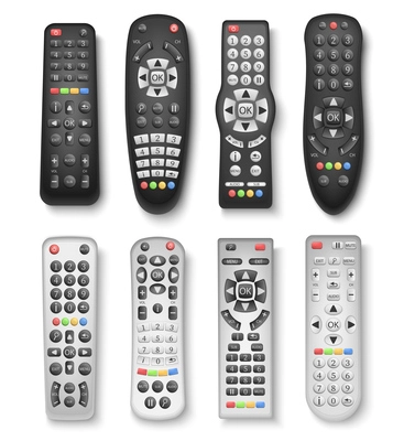 Black and silver TV remote controllers of different models  realistic set isolated vector illustration