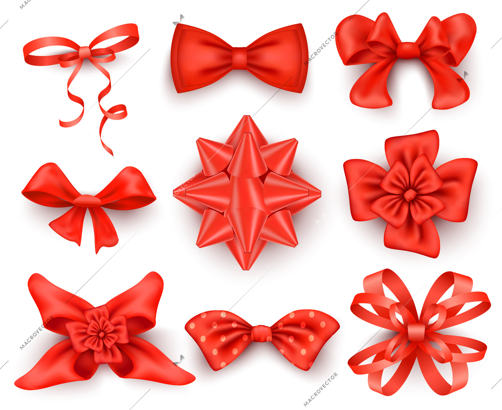 Red gift bows for cards boxes presentation valentines day realistic set isolated vector illustration