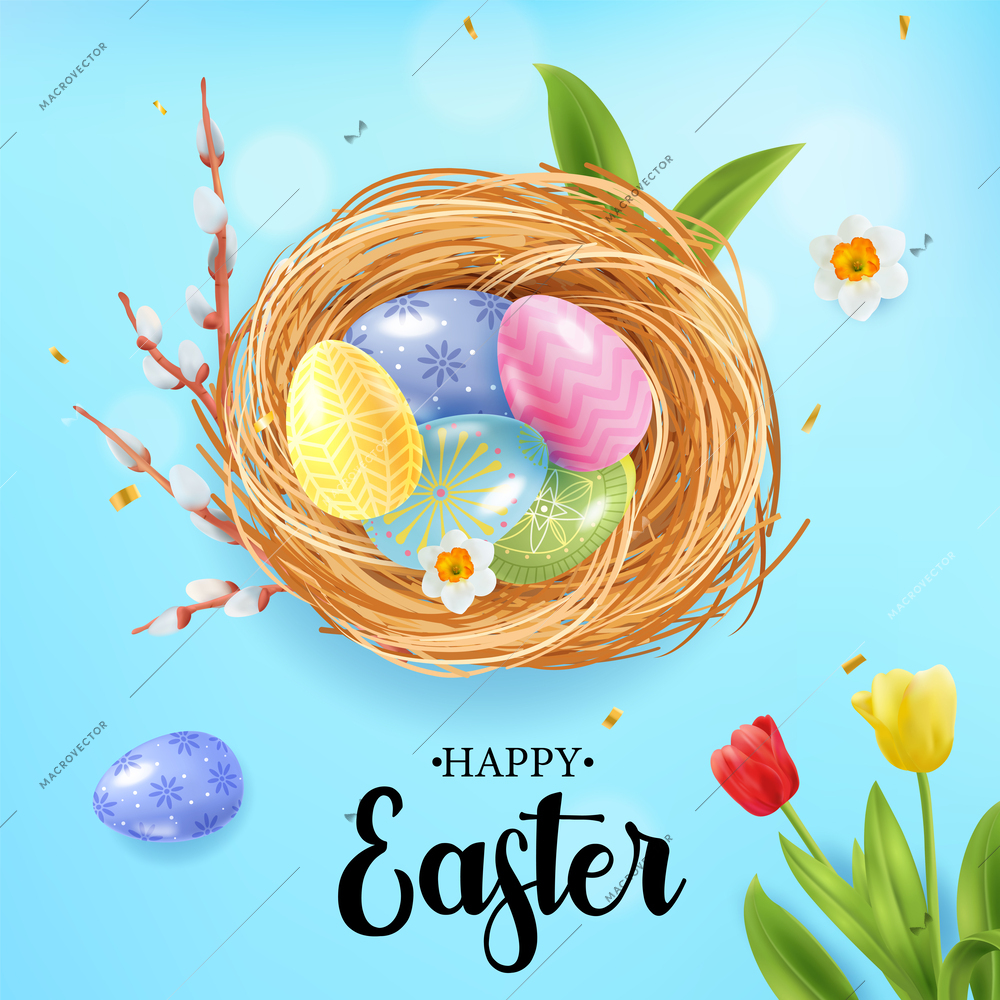 Realistic easter composition with sky background ornate text spring flowers and nest with colored festive eggs vector illustration