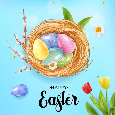 Realistic easter composition with sky background ornate text spring flowers and nest with colored festive eggs vector illustration