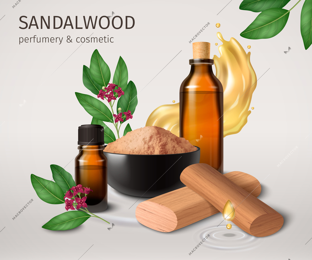 Sandalwood realistic perfumery background with wood material oil vials bowl of powder sandal leaves and flowers  vector illustration