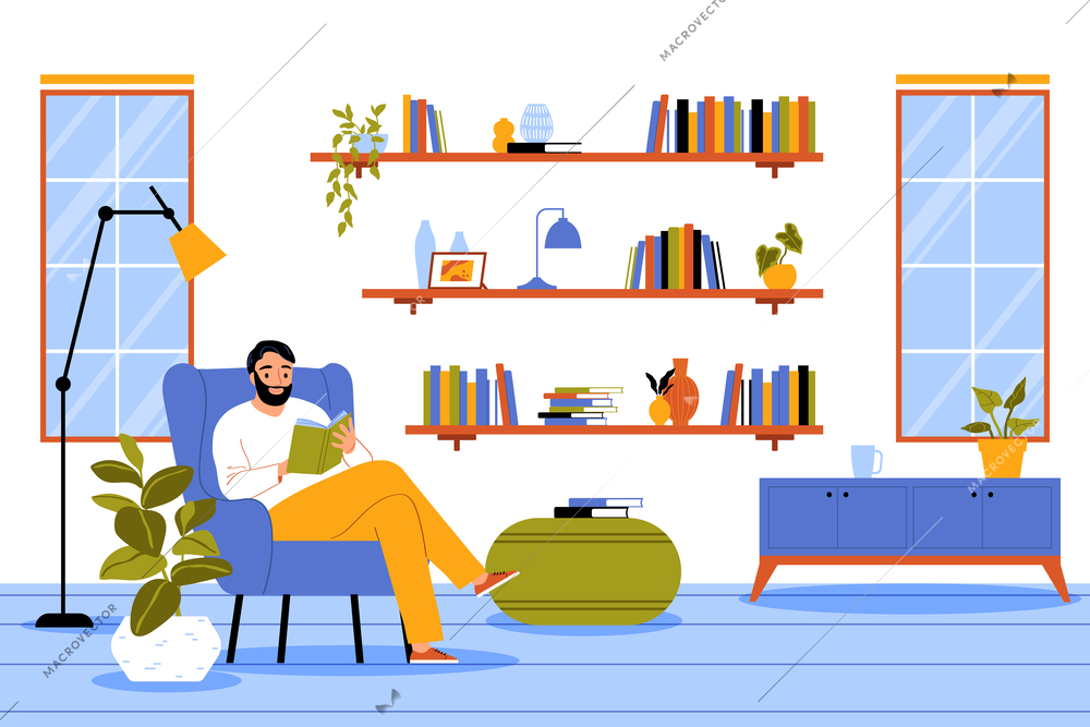 Hobby flat concept with man reading book indoors vector illustration