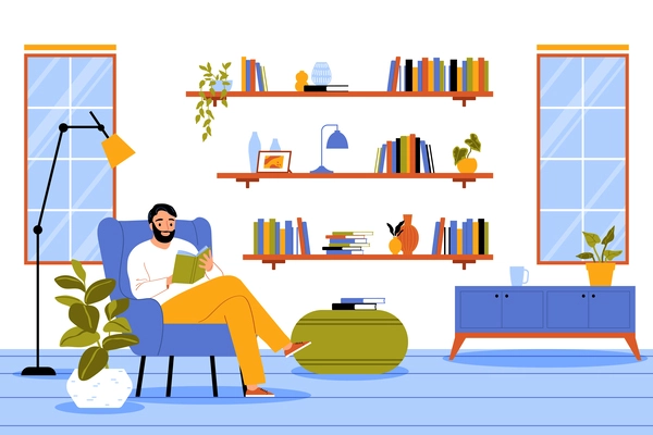 Hobby flat concept with man reading book indoors vector illustration