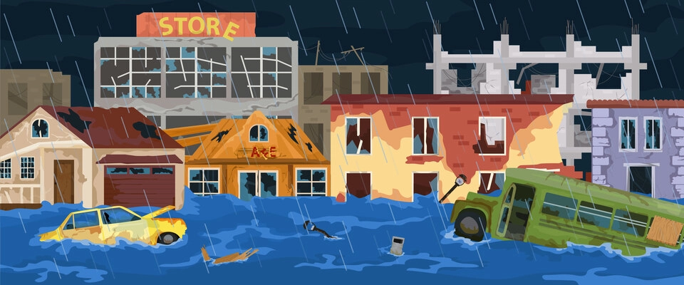 Post apocalypse flat poster broken city houses and cars swimming in water flow vector illustration