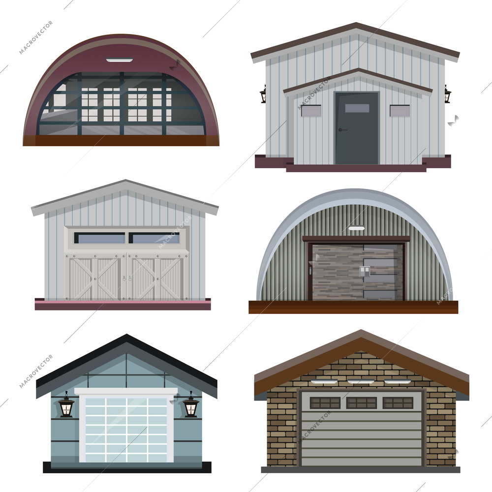 Separately standing garage buildings with different kinds of doors and gates realistic set isolated vector illustration