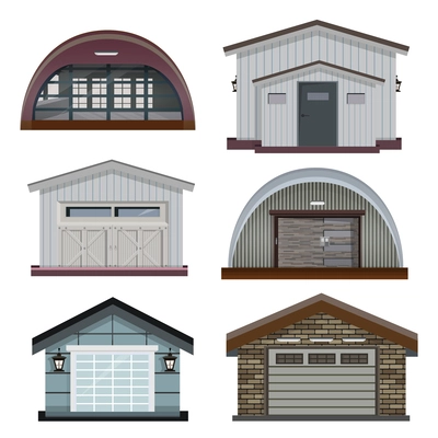 Separately standing garage buildings with different kinds of doors and gates realistic set isolated vector illustration