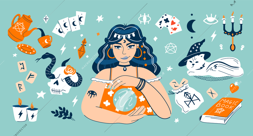 Fortune teller eastern female character with crystal ball telling future flat composition vector illustration