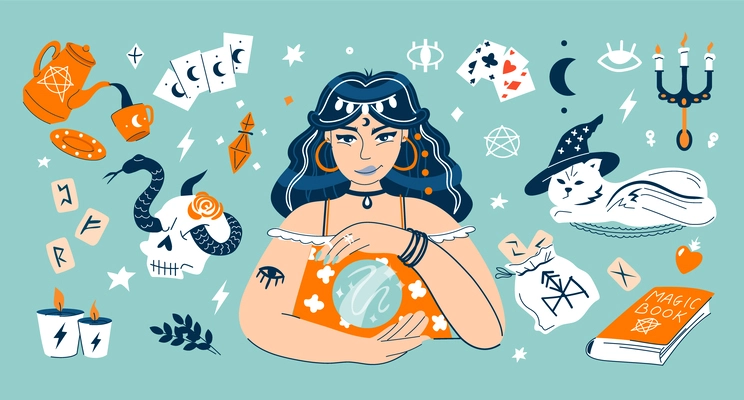 Fortune teller eastern female character with crystal ball telling future flat composition vector illustration