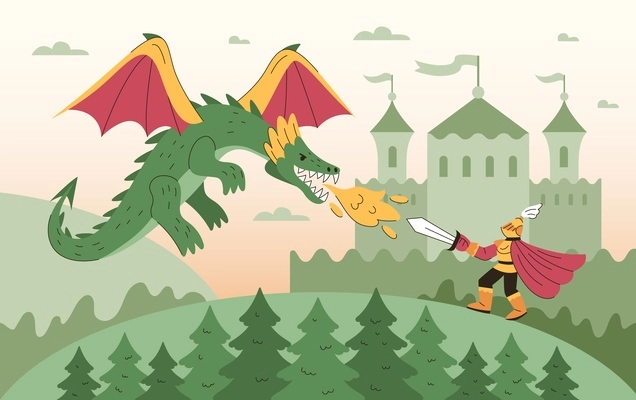 Mythical creatures flat composition of outdoor landscape with ancient castle and warrior in armour fighting dragon vector illustration