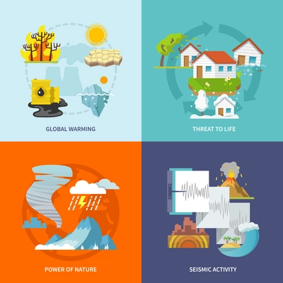 Natural disaster design concept set with global warming life threat power of nature seismic activity flat icons isolated vector illustration