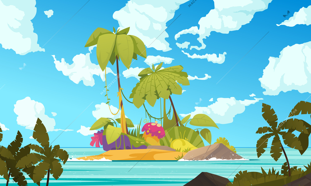 Ecosystem cartoon poster with tropical island with palm trees vector illustration