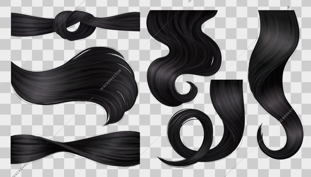 Black hair curls realistic icons set on transparent background isolated vector illustration