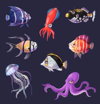 Underwater world realistic icons set with fish and ocean fauna creatures isolated vector illustration