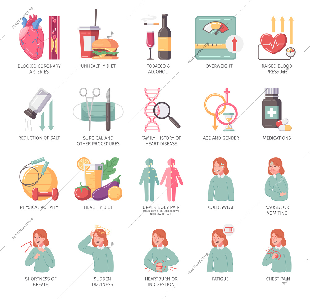 Heart attack cartoon icons set with sick people and cardio desease symbols isolated vector illustration