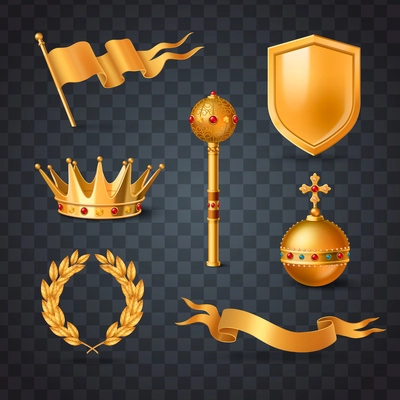 Royal realistic accessories set with laurel wreath and orb on transparent background isolated vector illustration