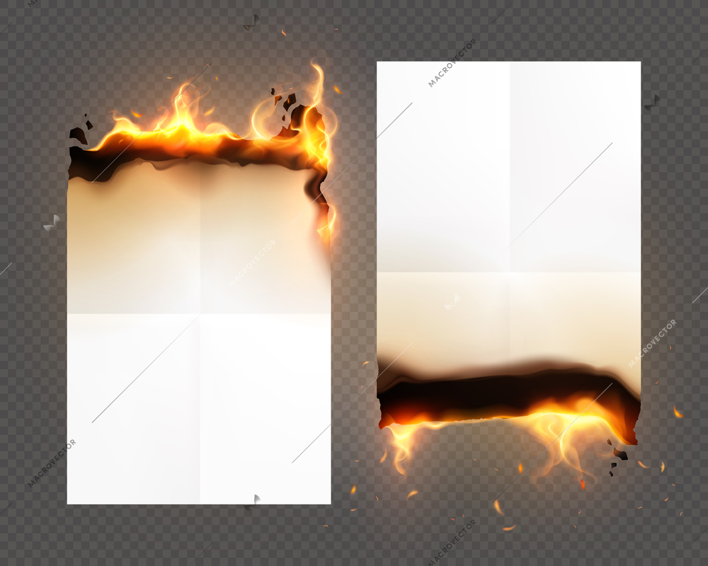 Burned old paper realistic and isolated icon set two sheets set on fire from different sides at the top and bottom on transparent background vector illustration