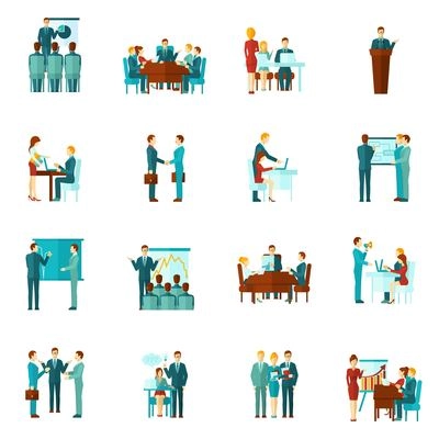 Business training conference and presentation flat icons set isolated vector illustration