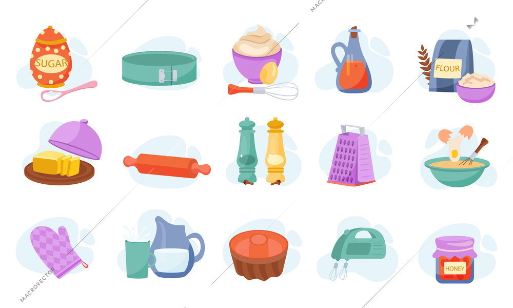 Home baking flat icons set with food ingredients spices mixer grater utensil isolated vector illustration