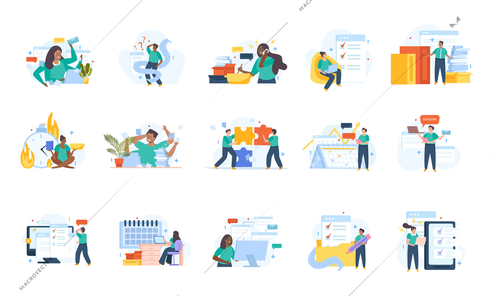 Multitasking people flat set of male and female office workers loaded with hard work isolated vector illustration