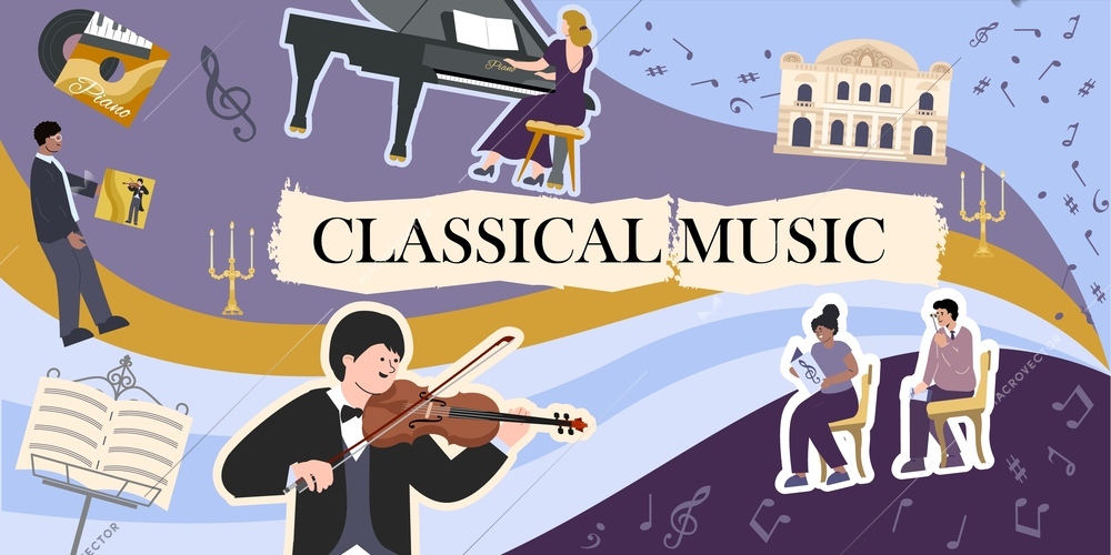 Classical music composition with collage of flat doodle style icons with grand piano and violin players vector illustration