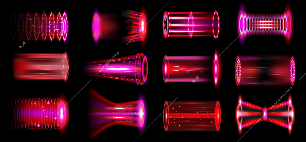 Realistic teleportation portals set of isolated images with glowing lines and traces shiny particles neon lights vector illustration