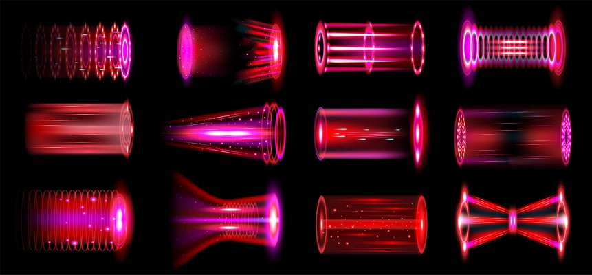 Realistic teleportation portals set of isolated images with glowing lines and traces shiny particles neon lights vector illustration