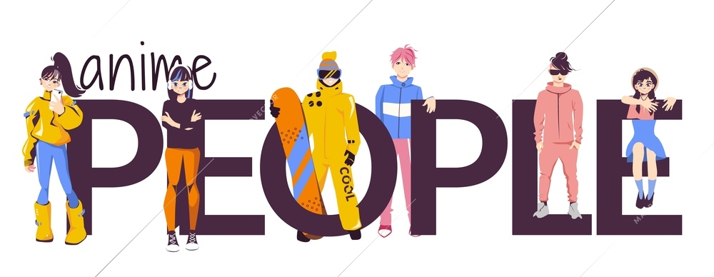 Anime people text in flat style with trendy asian teen characters on white background vector illustration