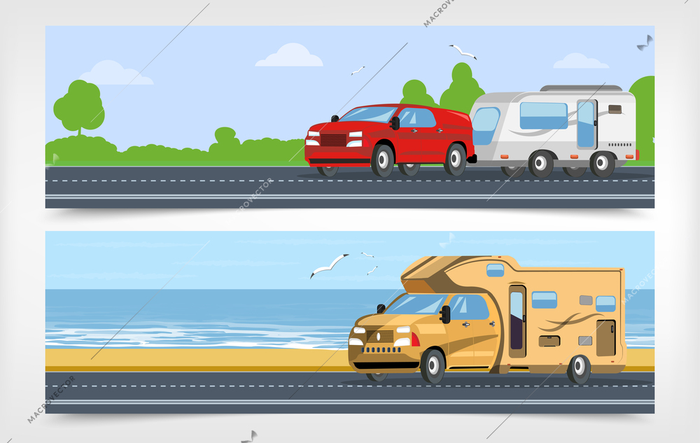 Recreational vehicles two horizontal banners representing camper van and car with trailer as house on wheels flat vector illustration