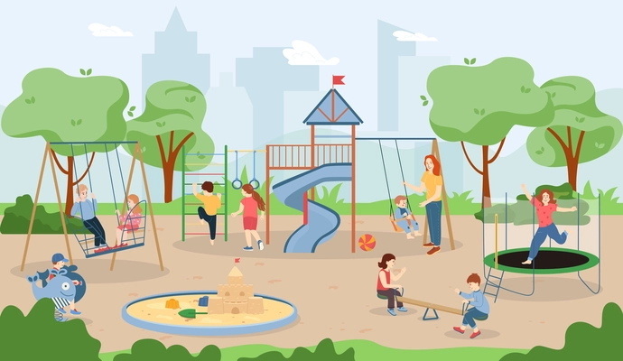 City playground scenery with children swinging on swings teeter totter jumping on trampoline climbing flat vector illustration