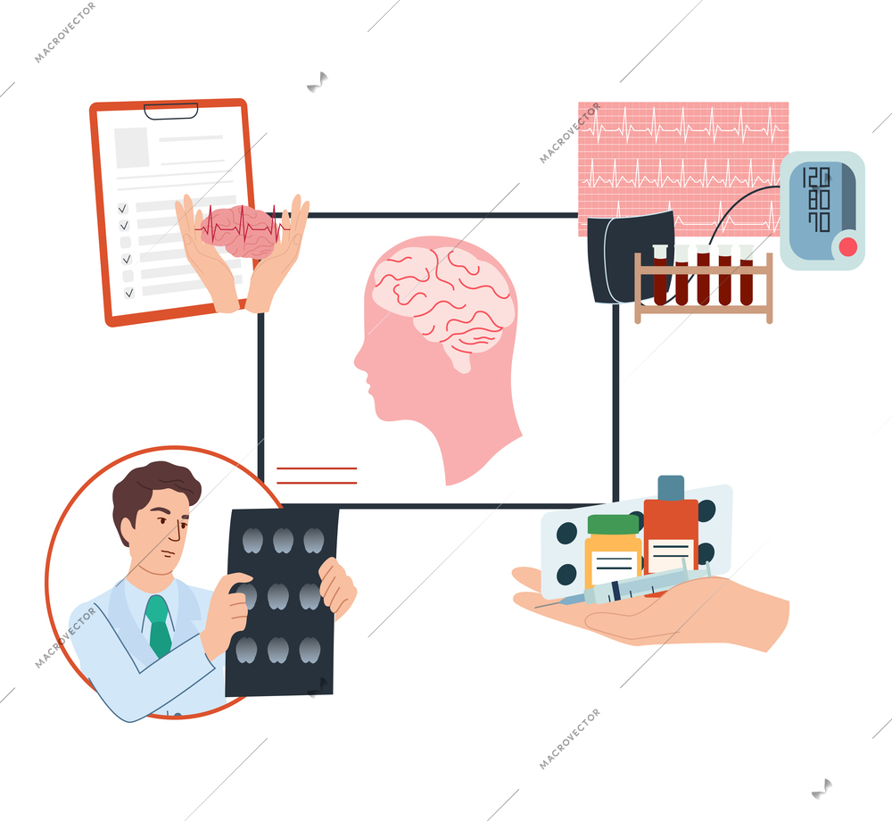 Brain stroke prevention blood pressure control medical examination flat composition vector illustration