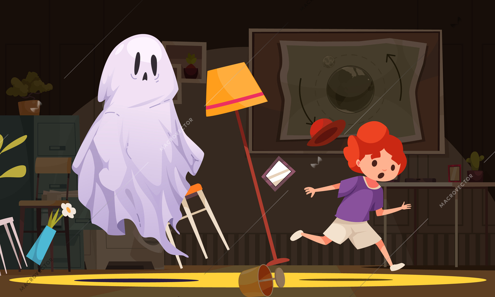 Ghost cartoon concept with child running from spooky creature vector illustration