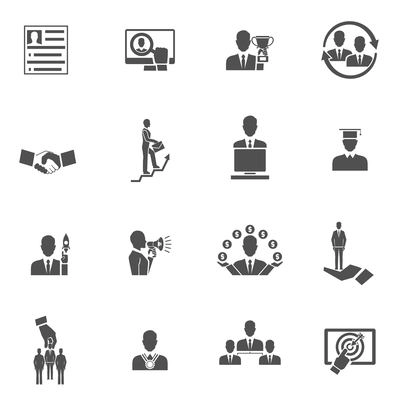 Career steps work progress staff training black icons set isolated vector illustration