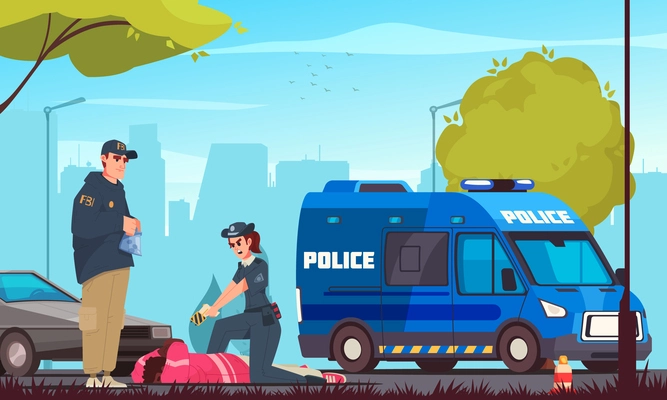 Police cartoon concept with male and female officers arresting criminal vector illustration