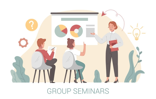 Coaching flat concept with group seminars and training vector illustration