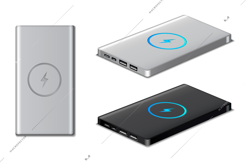 Powerbank battery charger realistic icons set with black and silver devices isolated vector illustration