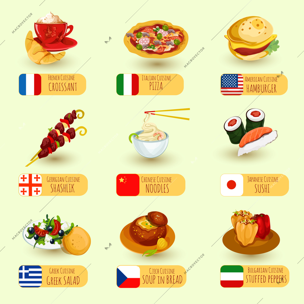 World food international cuisine decorative icons set with pizza croissant hamburger isolated vector illustration